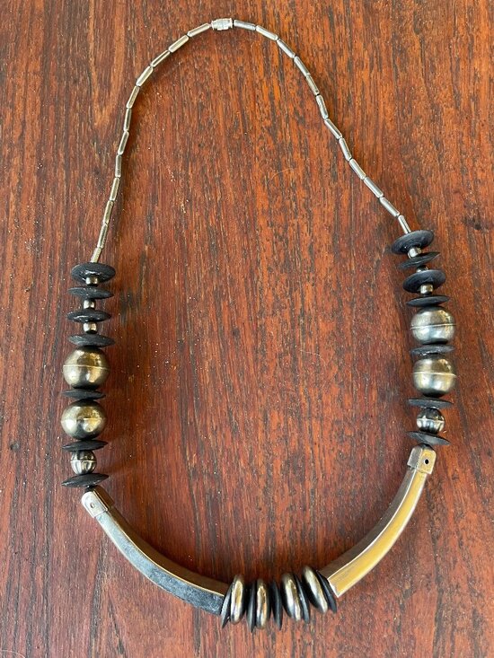 Handmade Jewelry - Antique African Tuareg Berber Tribal Ebony Wood Disc Silver Beaded Necklace